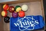 (2) Whites Metal Detector Towels, (8) Pool Balls