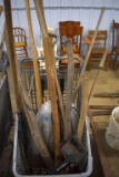 Assorted Wood Handled Tools: Rake, Aluminum Scoop Shovel, Axe, Assorted Fork Heads without Handles