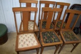 (6) Oak Chairs: (2) White Pattern Seats, (4) Black Pattern Seats