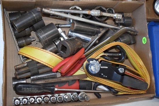 Assorted Snap-On 3/4", 1/2" Drive Sockets, Snap-On Ratchet Strap, Pliers, Punches, Hex Head Sockets