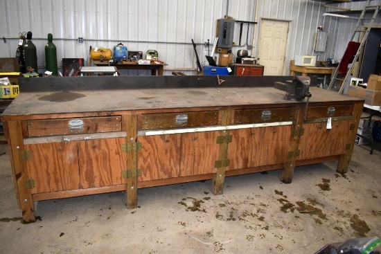 12'x32" Custom Wood with Metal Top Work Bench, 37" Tall, with 6" Vise, Very Well Built
