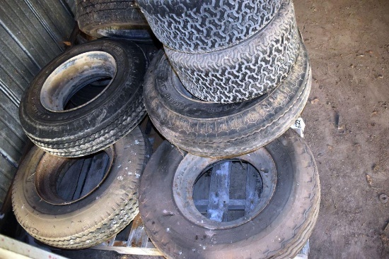 Pallet Containing Tires and Rims: (6) 8x14.5 with Rims, (1) 185x60x14 with 4 Bolt Rim, (2) 20x10x8