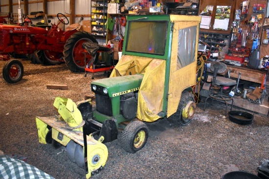 John Deere 110 Garden Tractor, Cab, Wheel Weights, 46" Deck, JD 37A Snowblower, Tire Chains,