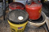 (5) Pails Assorted Oil, Some May be Opened, Gas Can, Drain Pans