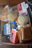 (2 Boxes) Large Assortment Nails, Screws and Other Hardware, Hard Hat, Desk Lamp