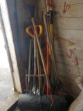 Assorted Wood Handled Tools: Aluminum Scoop Shovel, Rake, Forks, Snow Shovel, and More