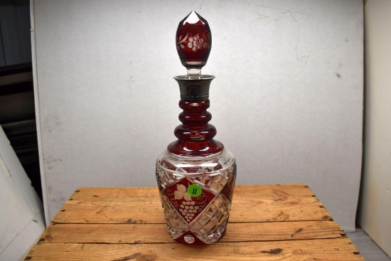 Bohemian Glass Decanter with Sterling 925 Lid, 13" Tall with Lid On