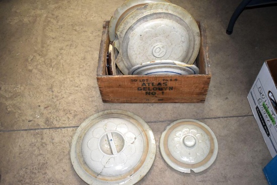 Red Wing Crock Covers: 8 Gallon, 10 Gallon, All Have Significant Damage, Wood Box