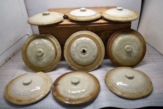 (9) Crock Covers, All have Significant Damage
