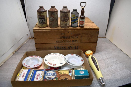 (4) Cone Top Cans, Ash Trays, Bottle Paper Advertising