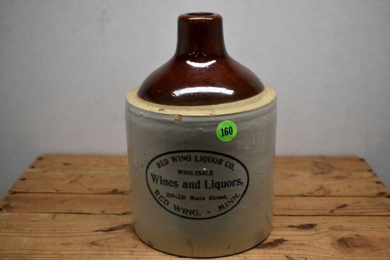 Red Wing Wines and Liquor Brown Top Jug, Chips on Rim, 9" Tall