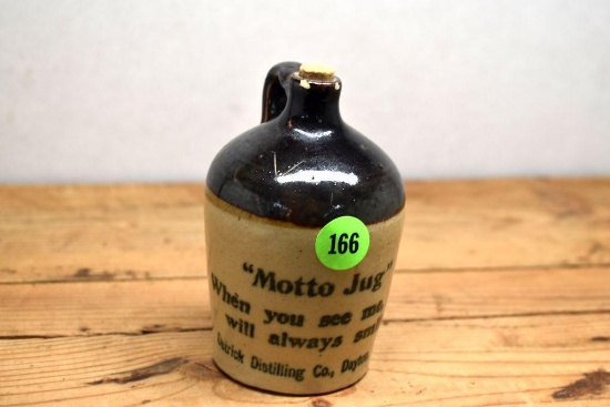 Brown Top Mini Jug, "Motto Jug, When You See Me You Will Always Smile, Detrick Distilling Co"
