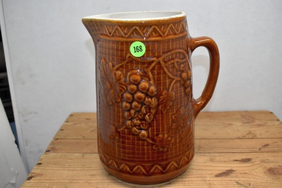Brown Grape Pitcher, Chipped on rim, Marked Star on Bottom, 9" Tall