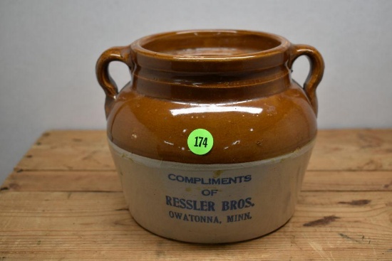 Red Wing Bean Pot, "Compliments of Ressler Bros., Owatonna, Minn." Advertising, Hairline Crack