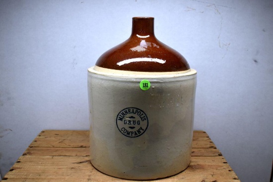 Brown Top Advertising Jug, "Minneapolis Drug Company" Advertising, Handle Broken