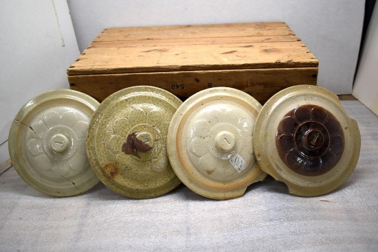 (4) 1 Gallon Zinc and Salt Glazed Crock Covers, All Significantly Damaged