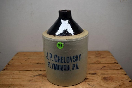Brown To Advertising Jug, "J.P. Chelovsky, Plymouth, PA" Advertising, 9" Tall