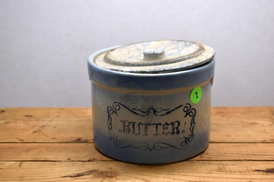 Blue Stoneware Butter Tub, 6", Stamped No. 2, with Cover, Hairline Crack in Cover