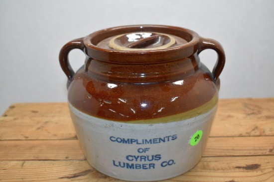 RW Bean Pot, "Compliments of Cyrus Lumber Co" Advertising, Has Cover, Small Hairline Crack