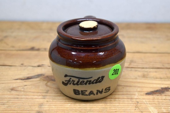 Mini Bean Pot, "Friend's Beans" Advertising, 3" Tall, Has Cover