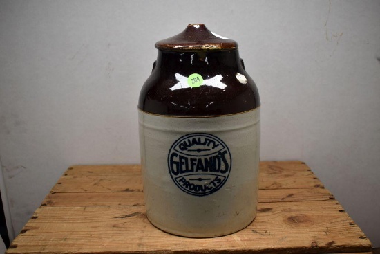 Preserve Jar with Lid, "Quality Gelfand's Products" Advertising, Chipped, 10" Tall with Lid on