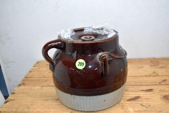 One Handled Bean Pot with Bale Handle and Cover, Hairline Crack, Marled Red Wing on Bottom