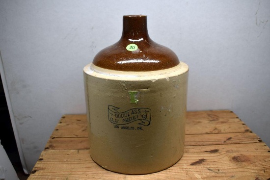 Brown Top Advertising Jug, "Douglass Clay Product Co Los Angeles, CA" Advertising, 10" Tall