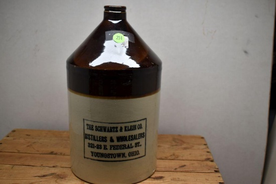 Brown Top Advertising Jug, "The Schwartz & Klein Co Distillers & Wholesalers, Youngstown, Ohio"