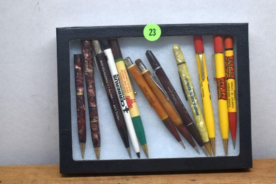 Container with Minneapolis Moline and Other Advertising Pens, (12 Total Pens)