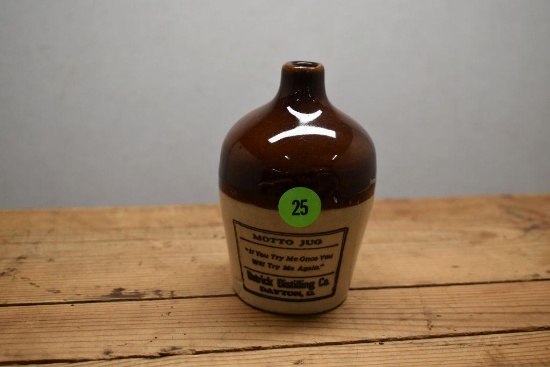 Mini Brown Top Jug, "Motto Jug, Detrick Distilling Co, Dayton, O." Advertising, 4" Tall