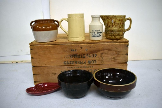 Small Bean Pot, (2) Mixing Bowls, RW Leaf, Pottery Pitcher, Mustard Jar, Stoneware Mug