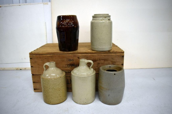 Stoneware Preserve Jar, (2) Wax Sealers, (2) Small Zinc Top Jugs