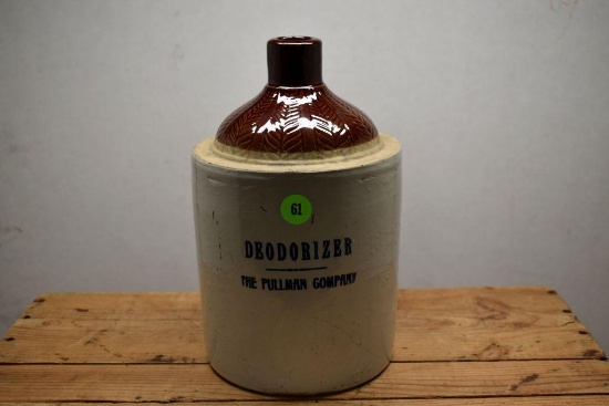 Brown Top Advertising Jug, "Deodorizer, The Pullman Company" Advertising, 9" Tall, Small Hairline