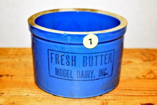 Blue 5" "Fresh Butter Model Dairy Incorporated" Tub, Hairline Crack in Side Wall