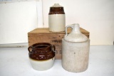 Zinc Top Shoulder Jug, Brown Top Preserve Jar, Double Handled Bean Pot; Items May be Damaged