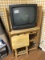 GE console TV, wood rack