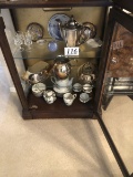 Silver pitcher, glasswear, tea set w/ palm trees