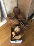 Wicker baskets and wood decor