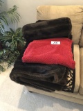 Brown fur throw and misc. throws