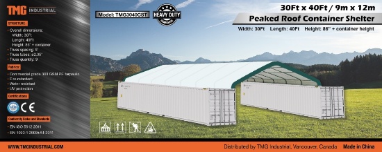 "30'x40'x15' Peak Ceiling Double Door Storage Bldg. C/W: commercial fabric PVC 450, waterproof, UV a