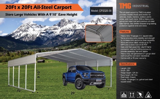 20Ft x 20Ft All Steel Carport w/ 10ft Eave Height TMG-CP2020