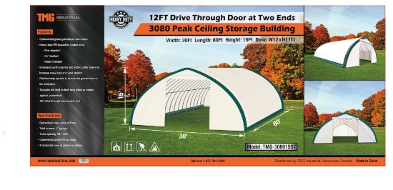 30Ft x 80Ft x 15Ft Peak Ceiling Shelter C/W: commercial fabric, waterproof,