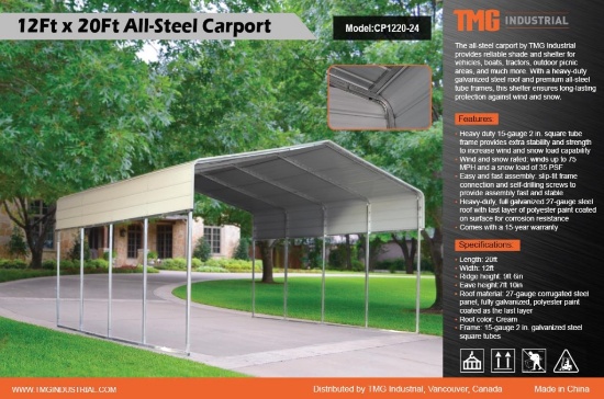 12Ft x 20Ft All Steel Carport TMG-CP1220