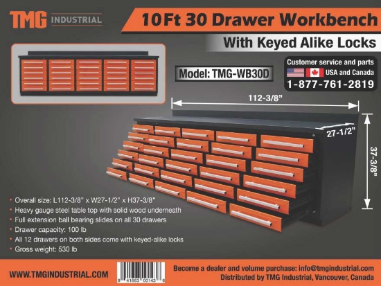 10FT Heavy Duty 30 Drawer Work Bench Cabinet Combo TMG-WBC30D
