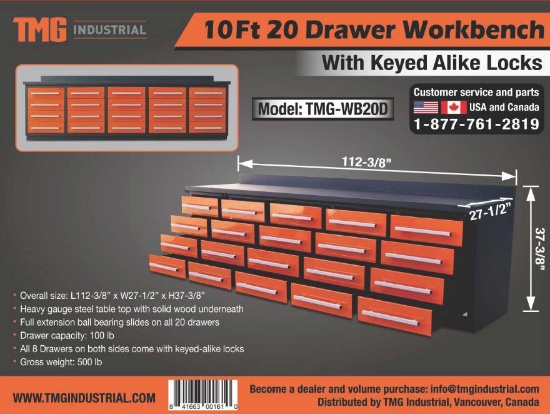 10FT Heavy Duty 20 Drawer Work Bench Orange TMG-WB20D