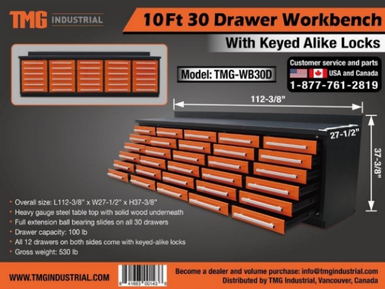 Workbench 10ft 30 Drawer w/ Keyed Locks New