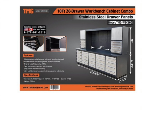 10Ft 20-Drawer Workbench Cabinet Combo Unused