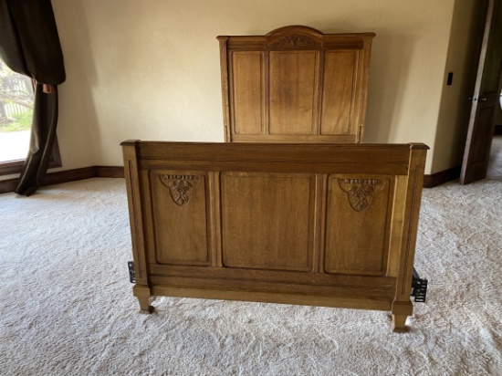 Antique Tiger Oak Carved Wood Bed w/ Queen Frame