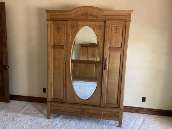 Antique Tiger Oak Carved Wood Large Armoire