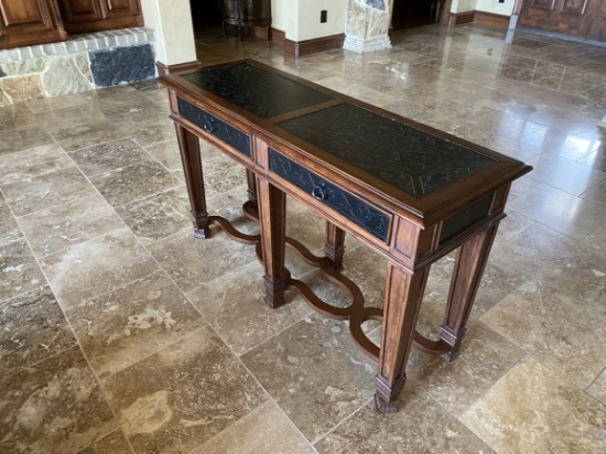 Engraved Metal and Wood Sofa Table